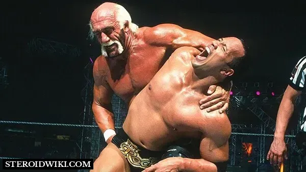 Hulk Hogan holding Rock in a hold